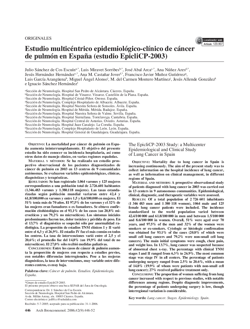 Estudio multicéntrico epidemiológico-clÃ­nico de cáncer de pulmón en España (estudio EpicliCP-2003)