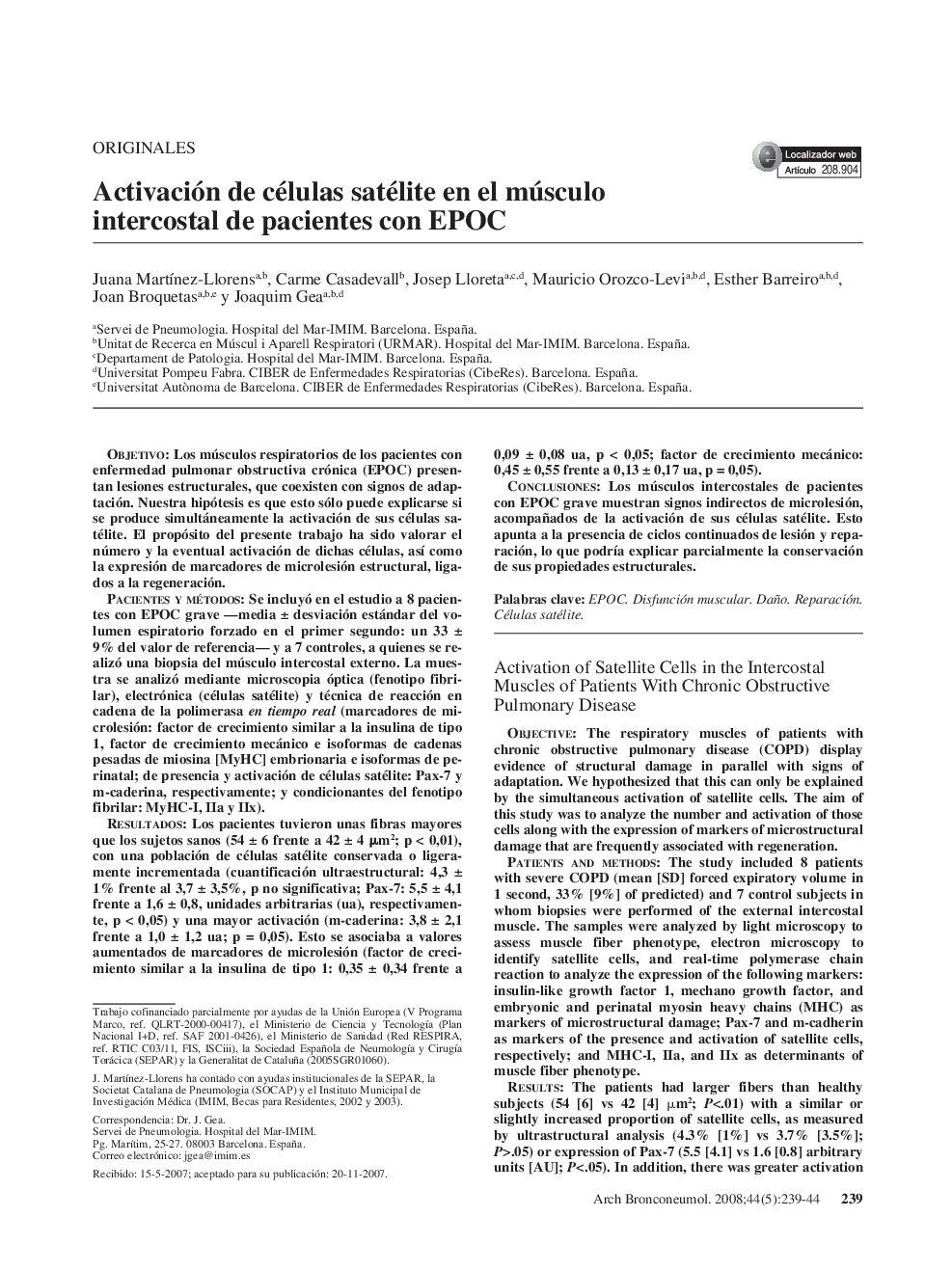 Activación de células satélite en el músculo intercostal de pacientes con EPOC