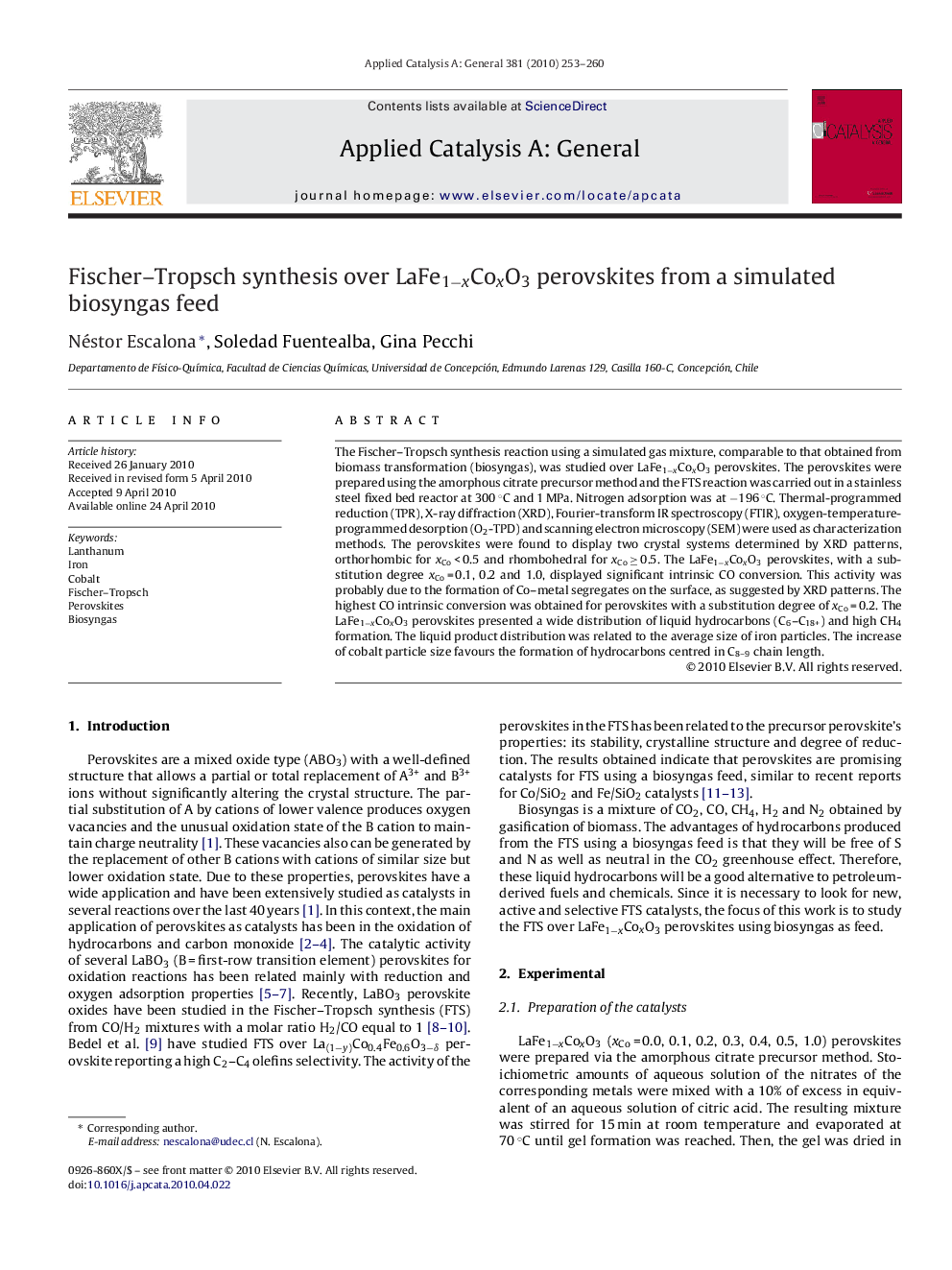 Fischer–Tropsch synthesis over LaFe1−xCoxO3 perovskites from a simulated biosyngas feed