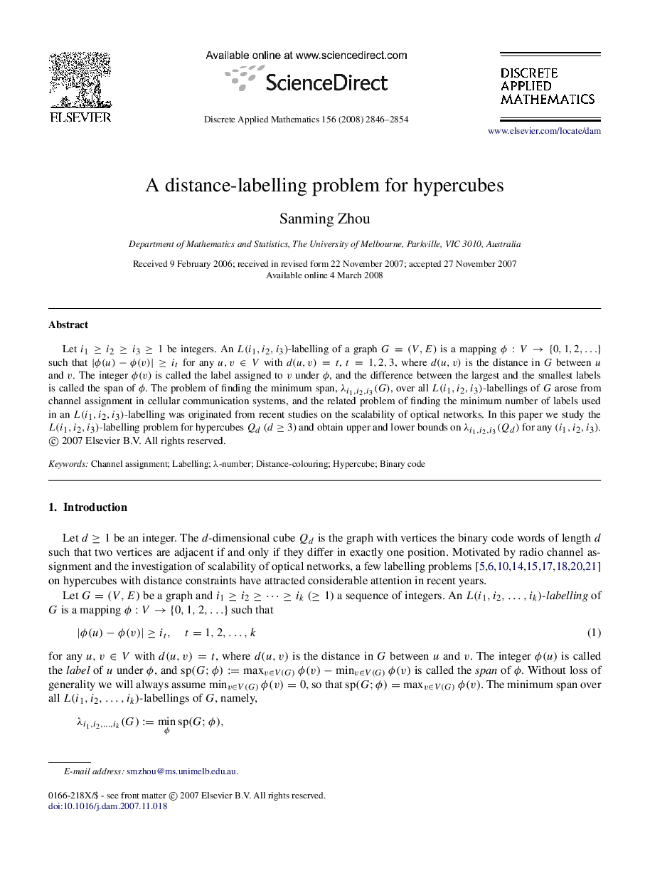 عکس صفحه اول مقاله: A distance-labelling problem for hypercubes A distance-labelling problem for hypercubes