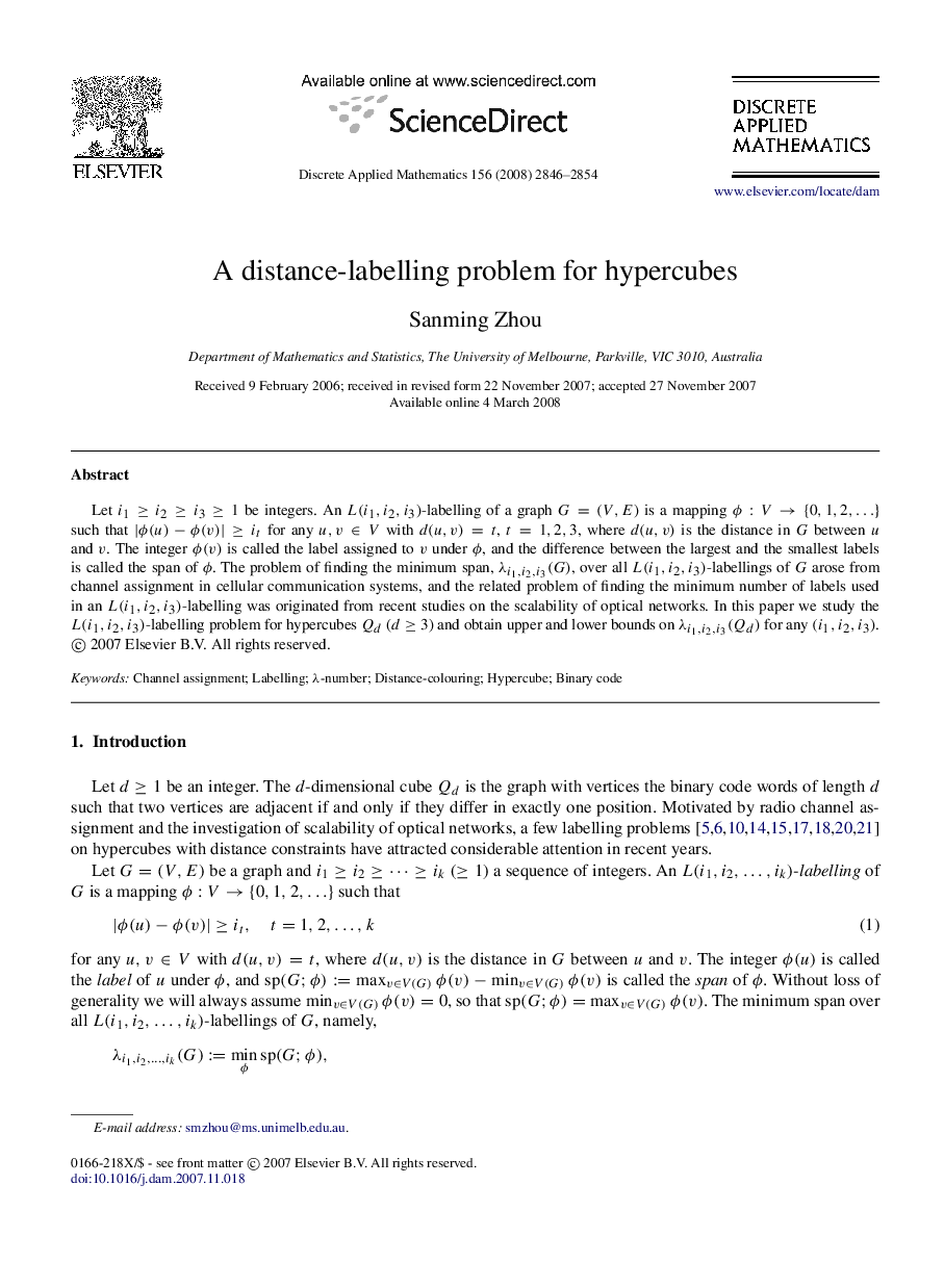 A distance-labelling problem for hypercubes