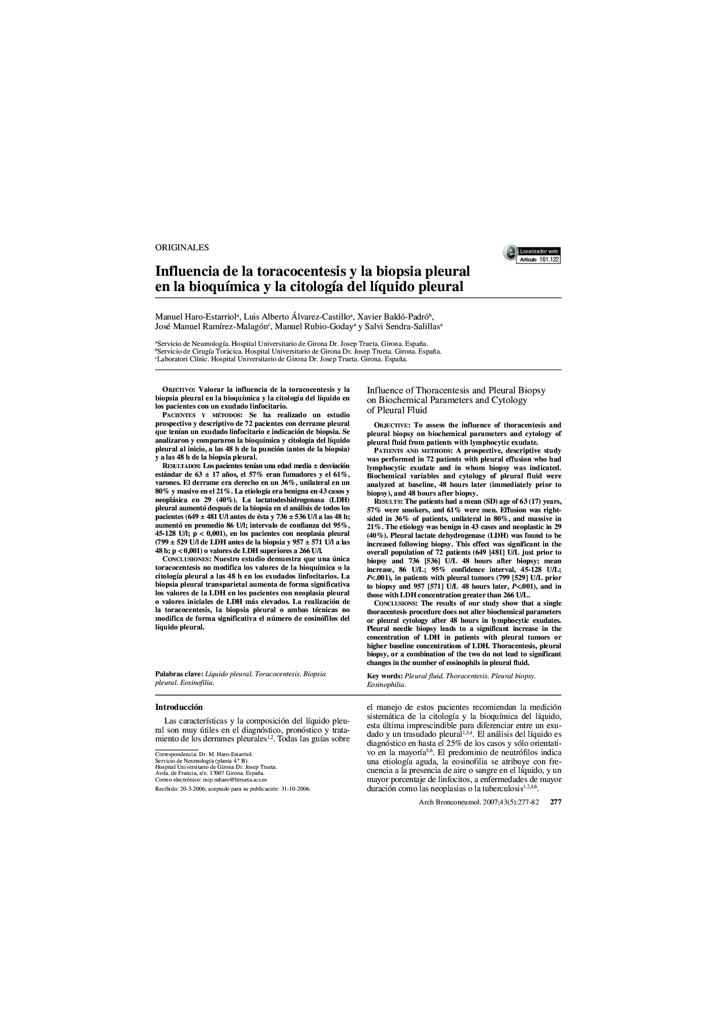 Influencia de la toracocentesis y la biopsia pleural en la bioquÃ­mica y la citologÃ­a del lÃ­quido pleural
