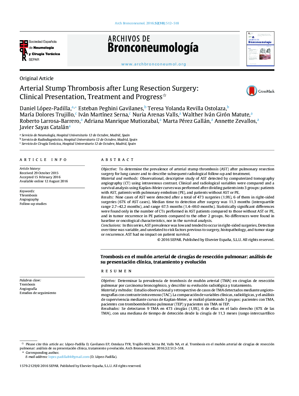 Arterial Stump Thrombosis after Lung Resection Surgery: Clinical Presentation, Treatment and Progress 