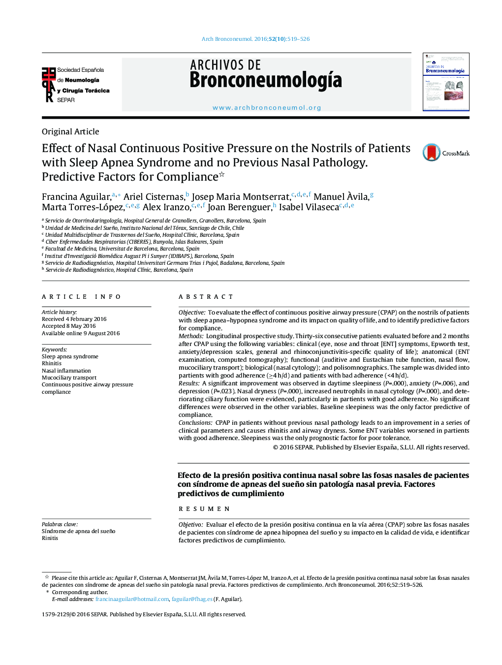 Effect of Nasal Continuous Positive Pressure on the Nostrils of Patients with Sleep Apnea Syndrome and no Previous Nasal Pathology. Predictive Factors for Compliance 