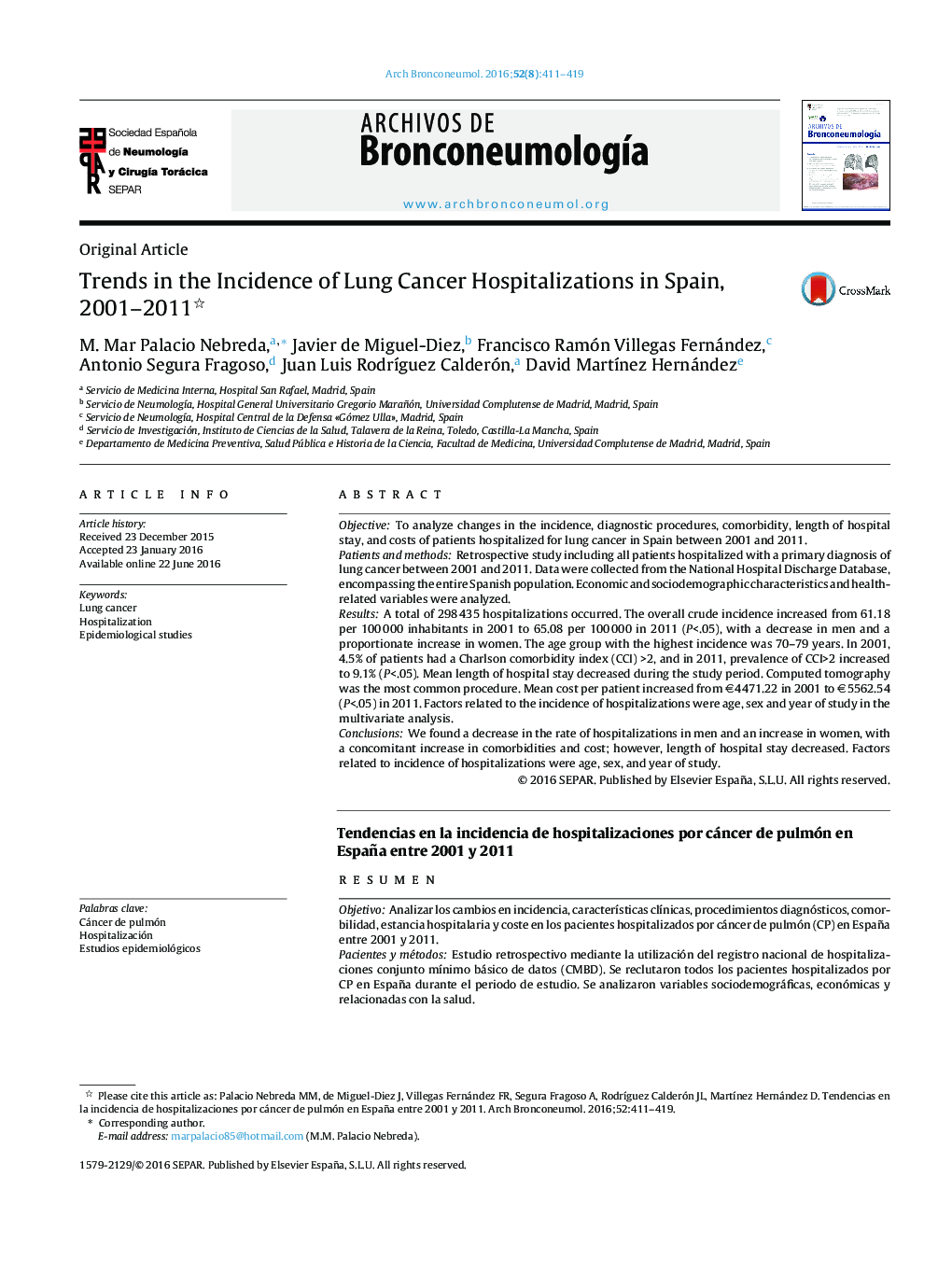 عکس صفحه اول مقاله: Trends in the Incidence of Lung Cancer Hospitalizations in Spain, 2001–2011 Trends in the Incidence of Lung Cancer Hospitalizations in Spain, 2001–2011