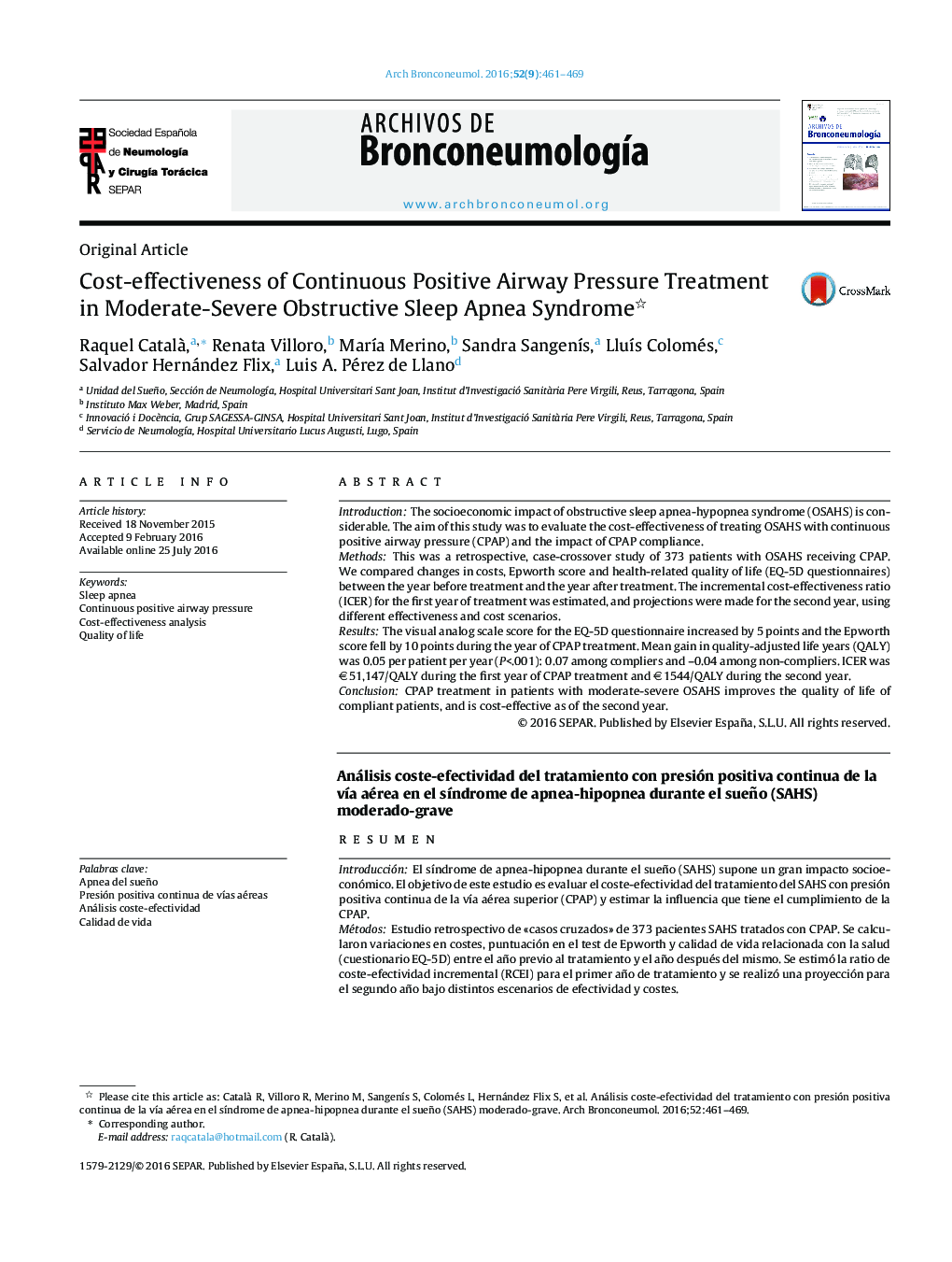 Cost-effectiveness of Continuous Positive Airway Pressure Treatment in Moderate-Severe Obstructive Sleep Apnea Syndrome 