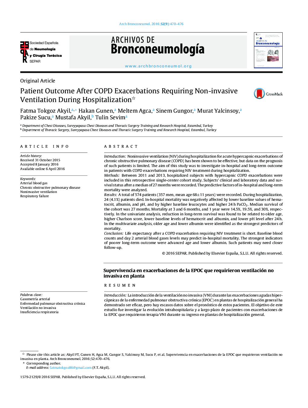 Patient Outcome After COPD Exacerbations Requiring Non-invasive Ventilation During Hospitalization 