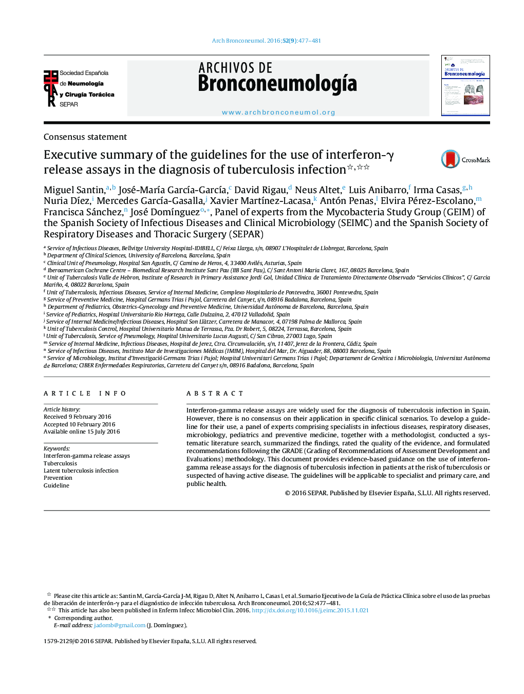 Executive summary of the guidelines for the use of interferon-γ release assays in the diagnosis of tuberculosis infection 