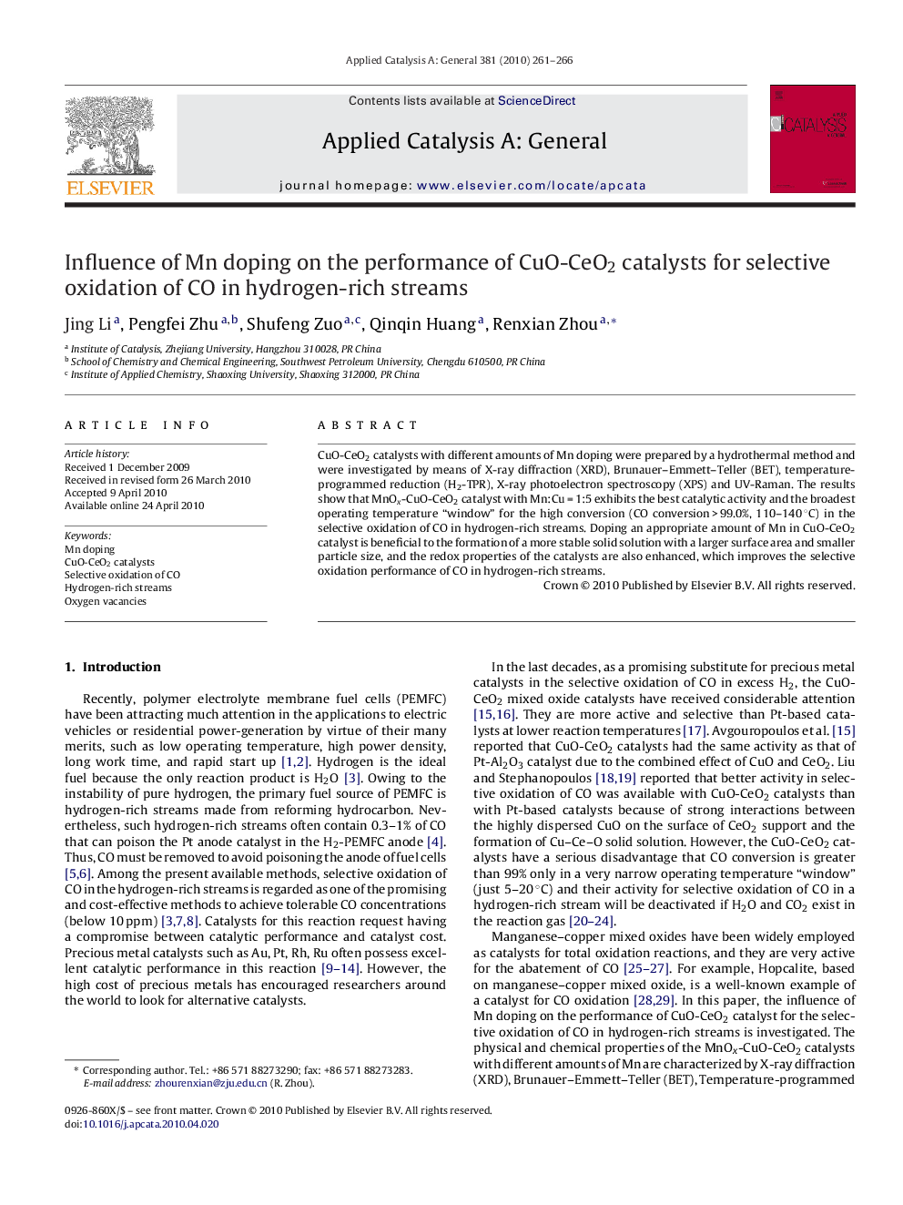 Influence of Mn doping on the performance of CuO-CeO2 catalysts for selective oxidation of CO in hydrogen-rich streams