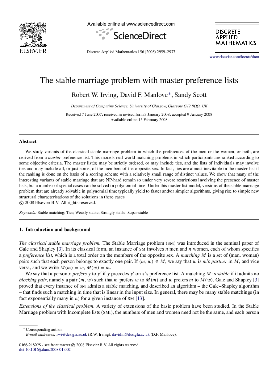 The stable marriage problem with master preference lists
