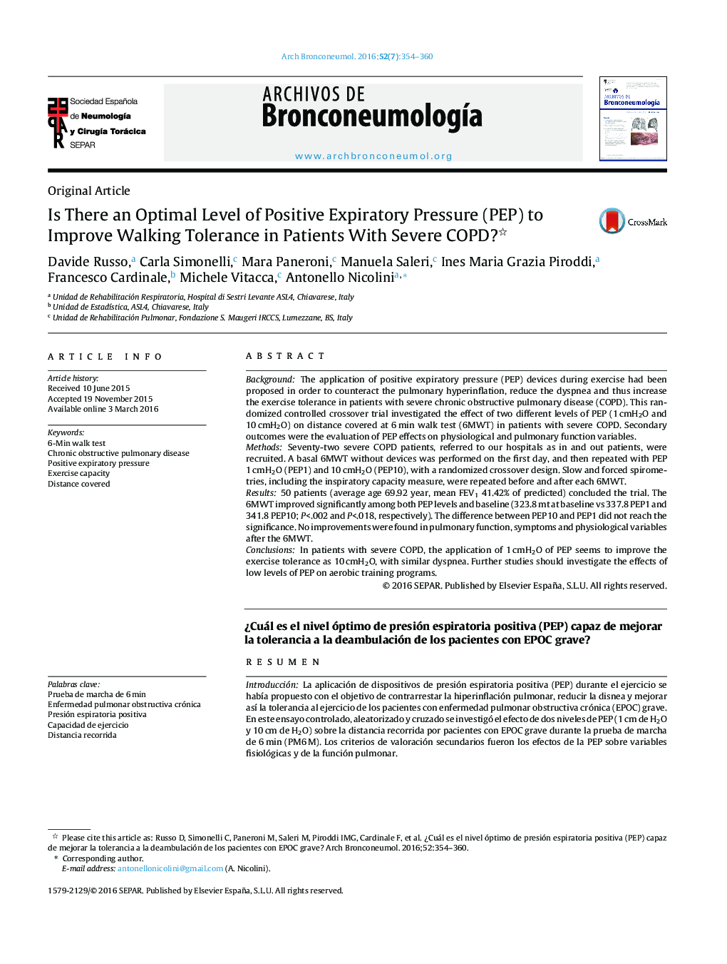 Is There an Optimal Level of Positive Expiratory Pressure (PEP) to Improve Walking Tolerance in Patients With Severe COPD? 