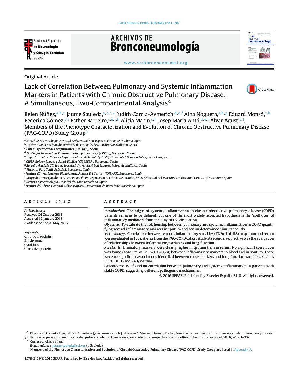 Lack of Correlation Between Pulmonary and Systemic Inflammation Markers in Patients with Chronic Obstructive Pulmonary Disease: A Simultaneous, Two-Compartmental Analysis 