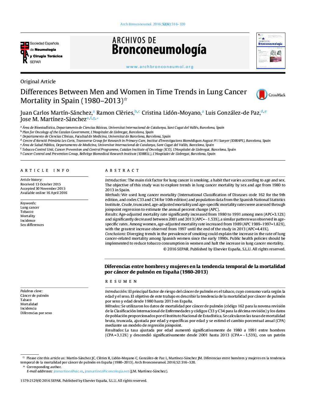 Differences Between Men and Women in Time Trends in Lung Cancer Mortality in Spain (1980–2013) 