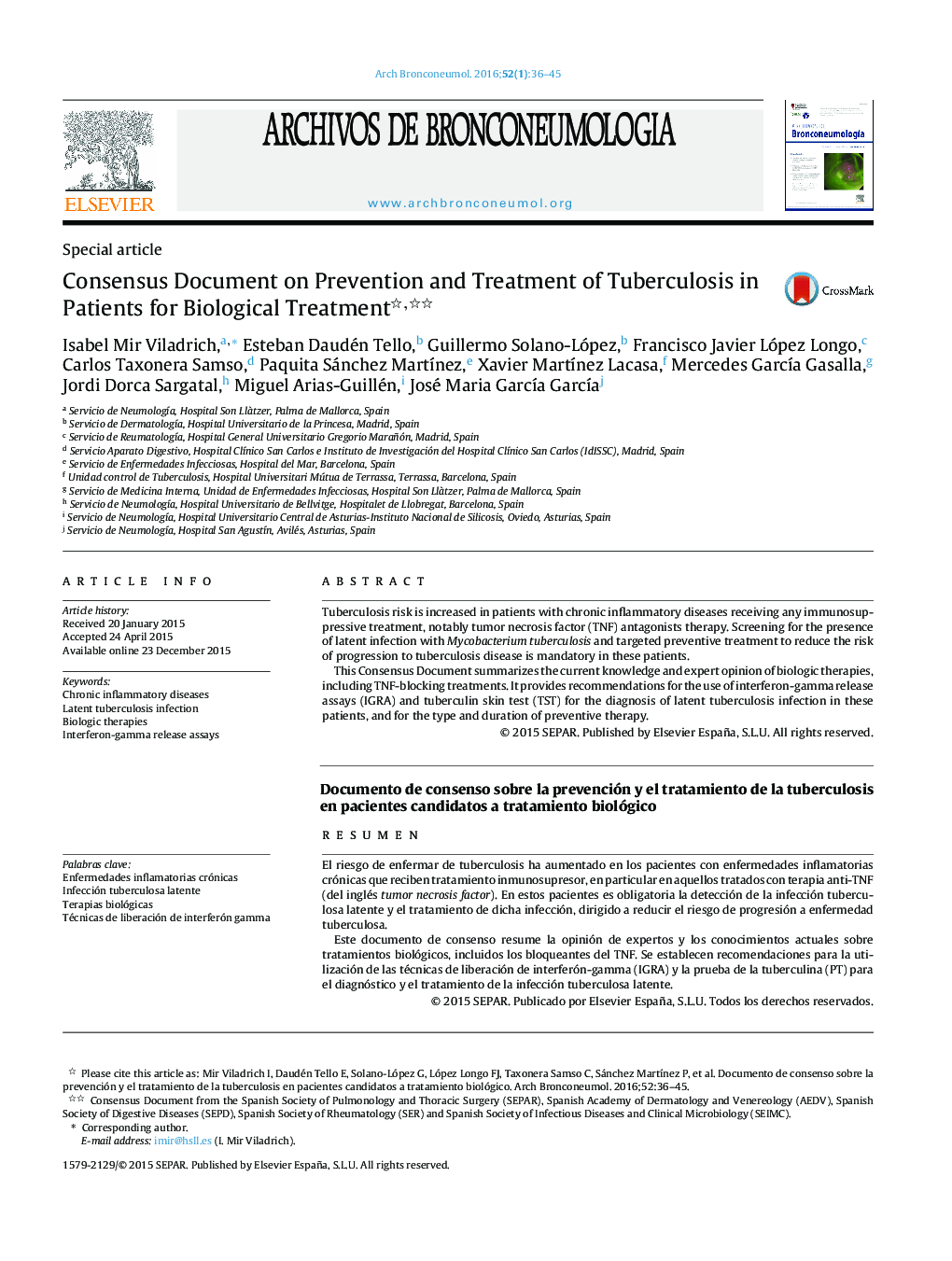 Consensus Document on Prevention and Treatment of Tuberculosis in Patients for Biological Treatment 