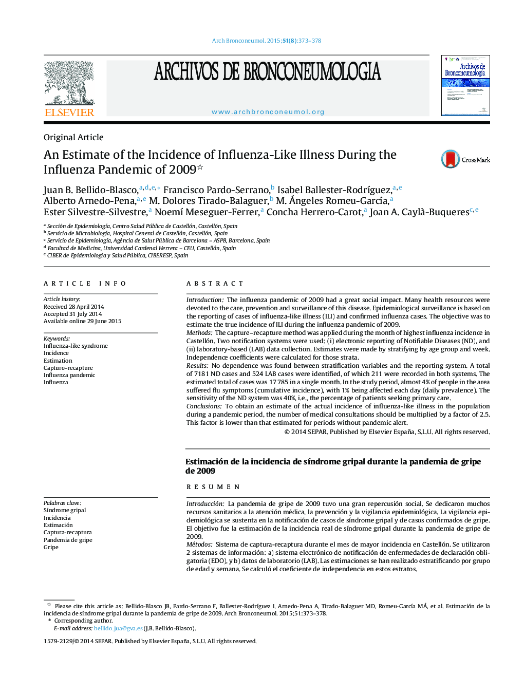 An Estimate of the Incidence of Influenza-Like Illness During the Influenza Pandemic of 2009 