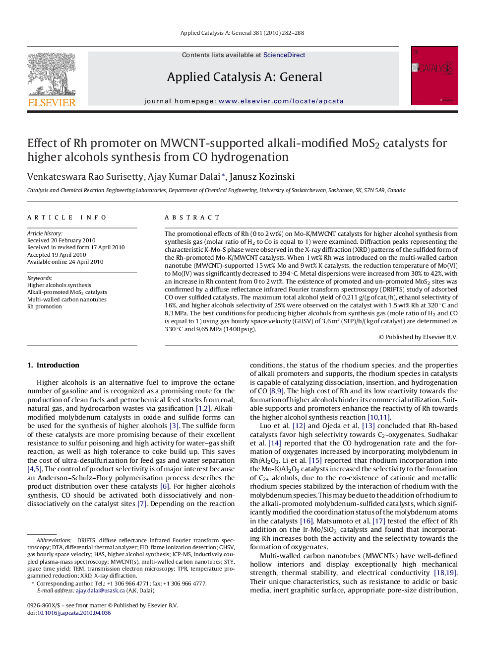 Effect of Rh promoter on MWCNT-supported alkali-modified MoS2 catalysts for higher alcohols synthesis from CO hydrogenation