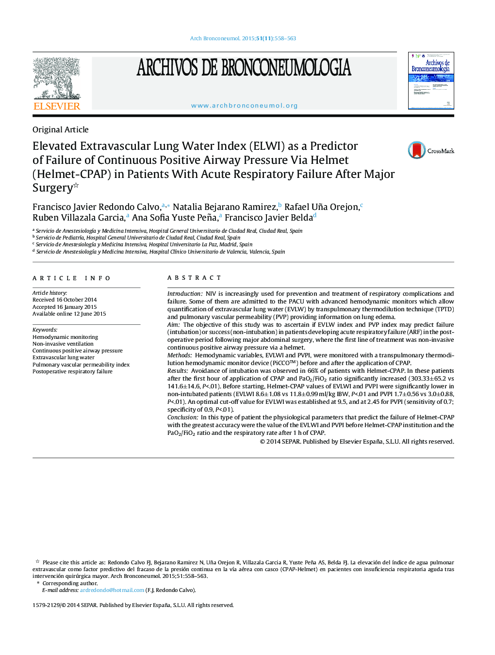 Elevated Extravascular Lung Water Index (ELWI) as a Predictor of Failure of Continuous Positive Airway Pressure Via Helmet (Helmet-CPAP) in Patients With Acute Respiratory Failure After Major Surgery 