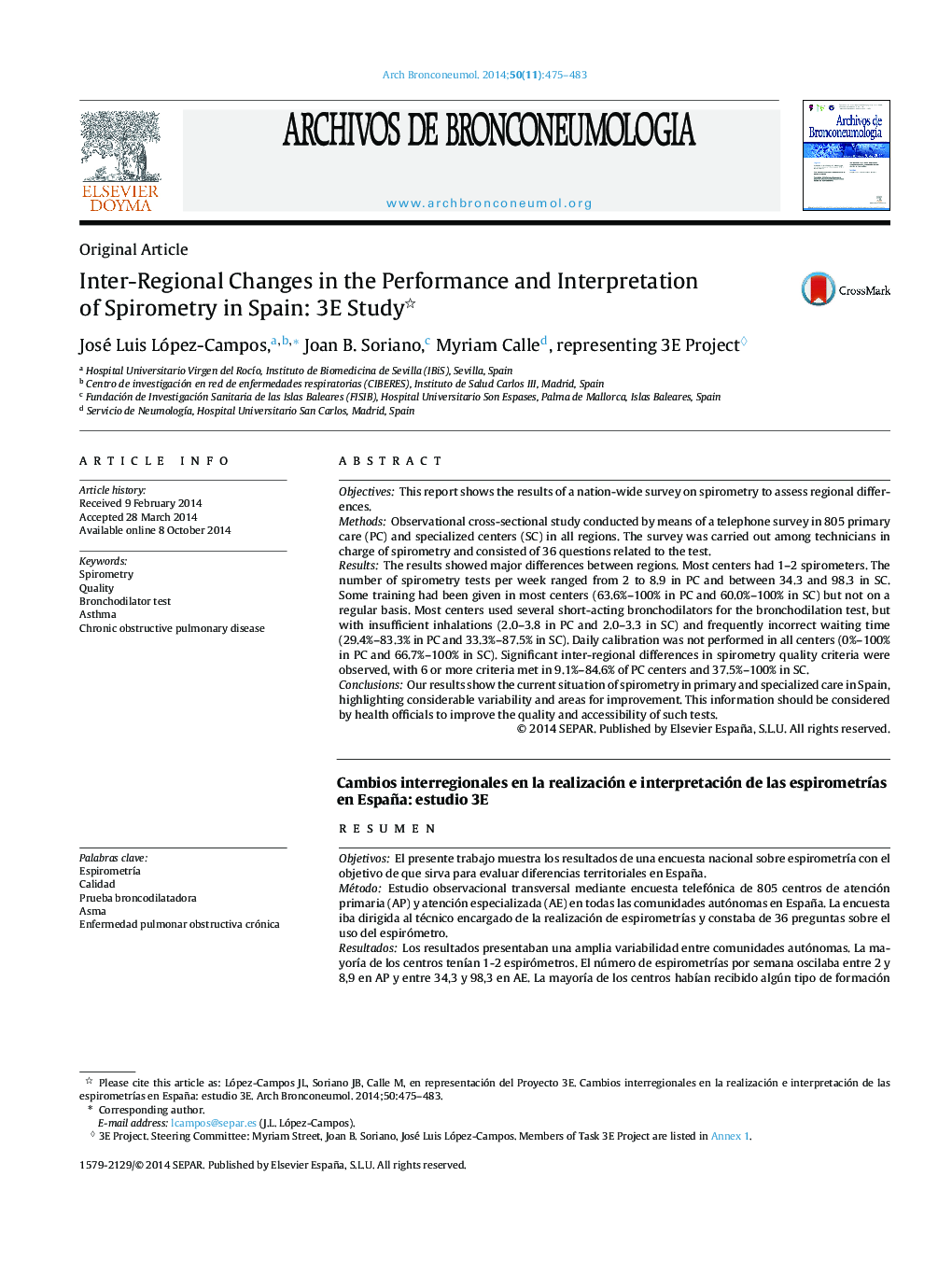 Inter-Regional Changes in the Performance and Interpretation of Spirometry in Spain: 3E Study 