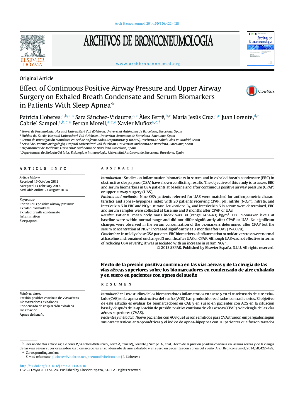 Effect of Continuous Positive Airway Pressure and Upper Airway Surgery on Exhaled Breath Condensate and Serum Biomarkers in Patients With Sleep Apnea 