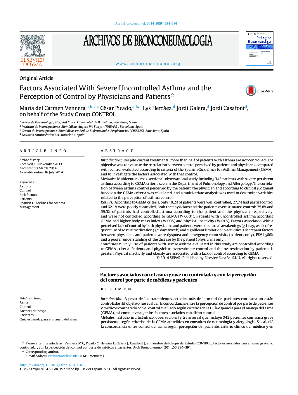 Factors Associated With Severe Uncontrolled Asthma and the Perception of Control by Physicians and Patients 