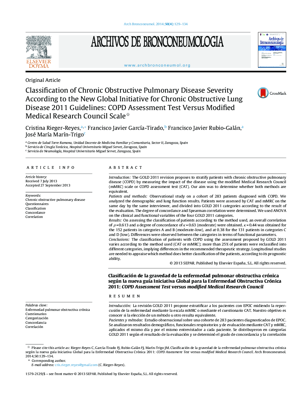 Classification of Chronic Obstructive Pulmonary Disease Severity According to the New Global Initiative for Chronic Obstructive Lung Disease 2011 Guidelines: COPD Assessment Test Versus Modified Medical Research Council Scale 