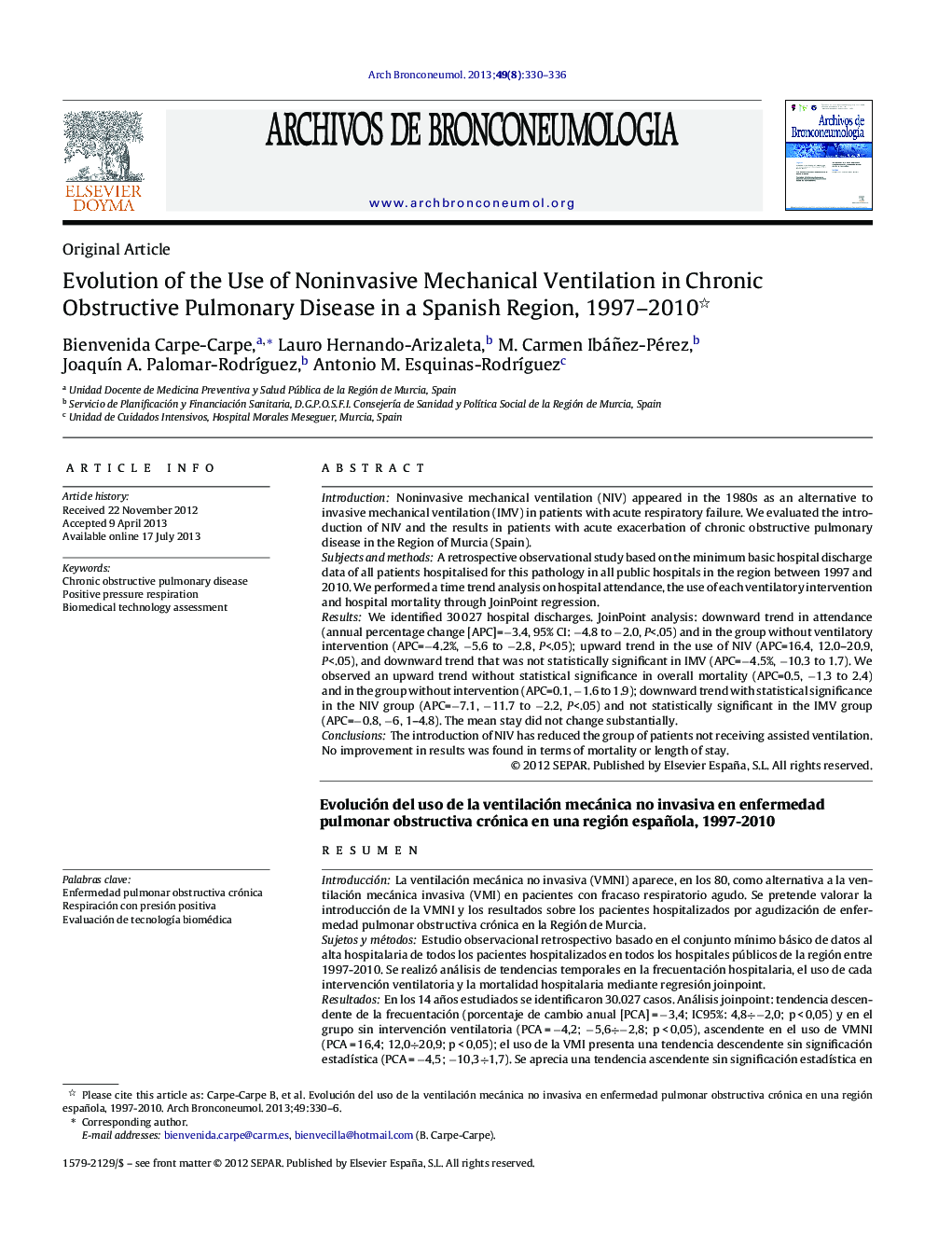 Evolution of the Use of Noninvasive Mechanical Ventilation in Chronic Obstructive Pulmonary Disease in a Spanish Region, 1997–2010 