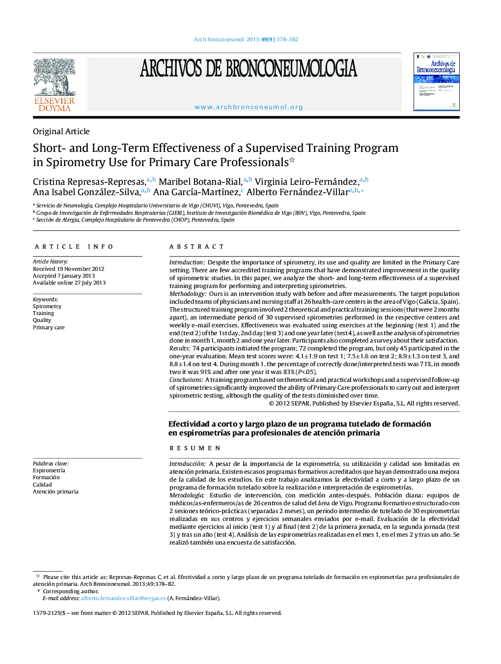 Short- and Long-Term Effectiveness of a Supervised Training Program in Spirometry Use for Primary Care Professionals 