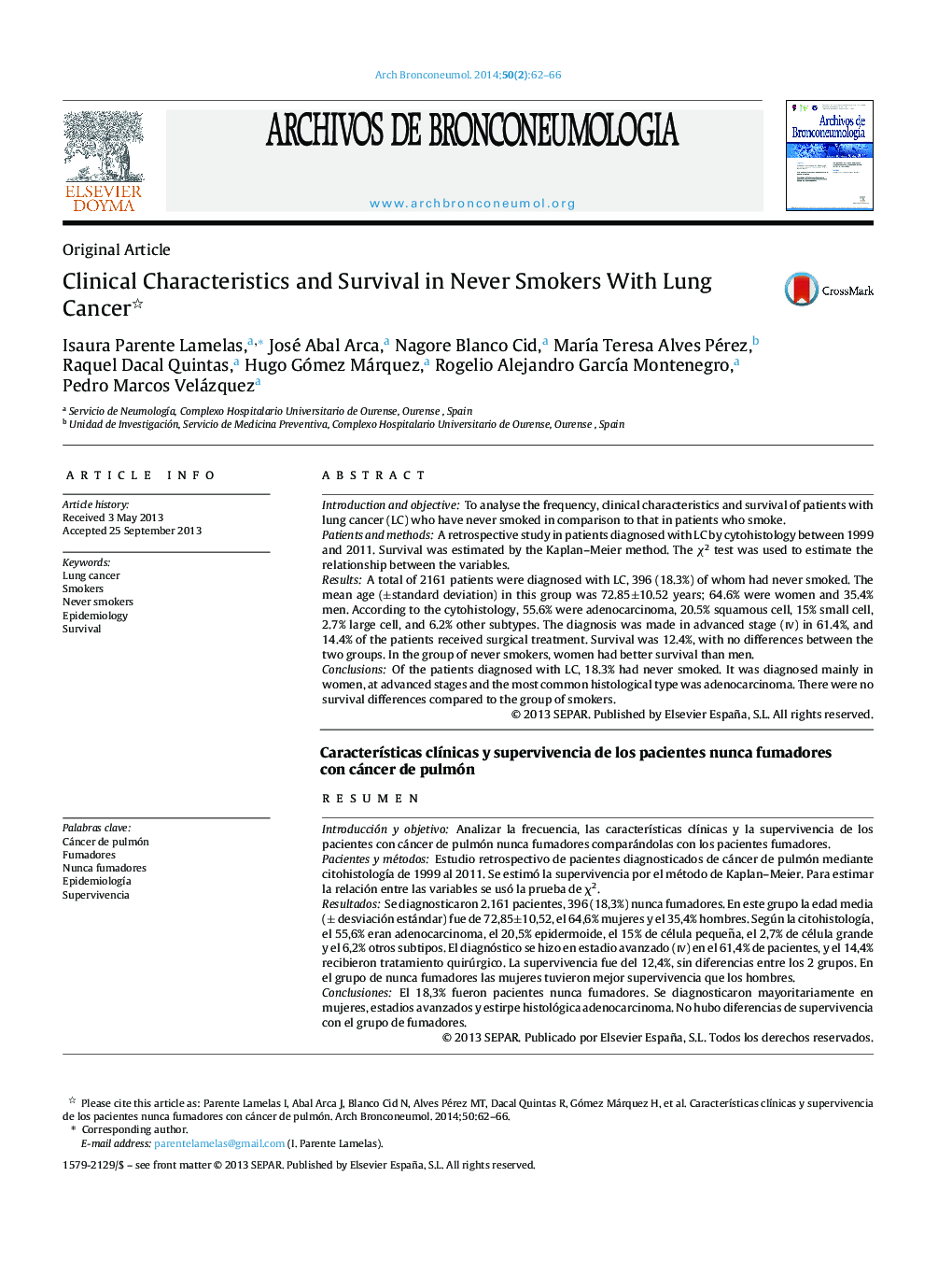 Clinical Characteristics and Survival in Never Smokers With Lung Cancer 