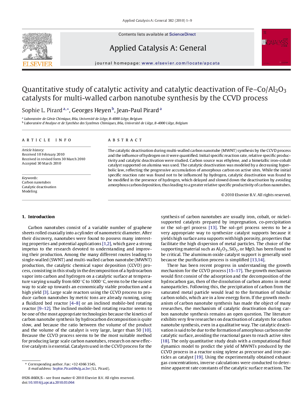 Quantitative study of catalytic activity and catalytic deactivation of Fe–Co/Al2O3 catalysts for multi-walled carbon nanotube synthesis by the CCVD process