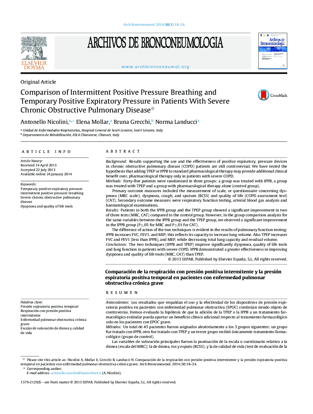 Comparison of Intermittent Positive Pressure Breathing and Temporary Positive Expiratory Pressure in Patients With Severe Chronic Obstructive Pulmonary Disease 