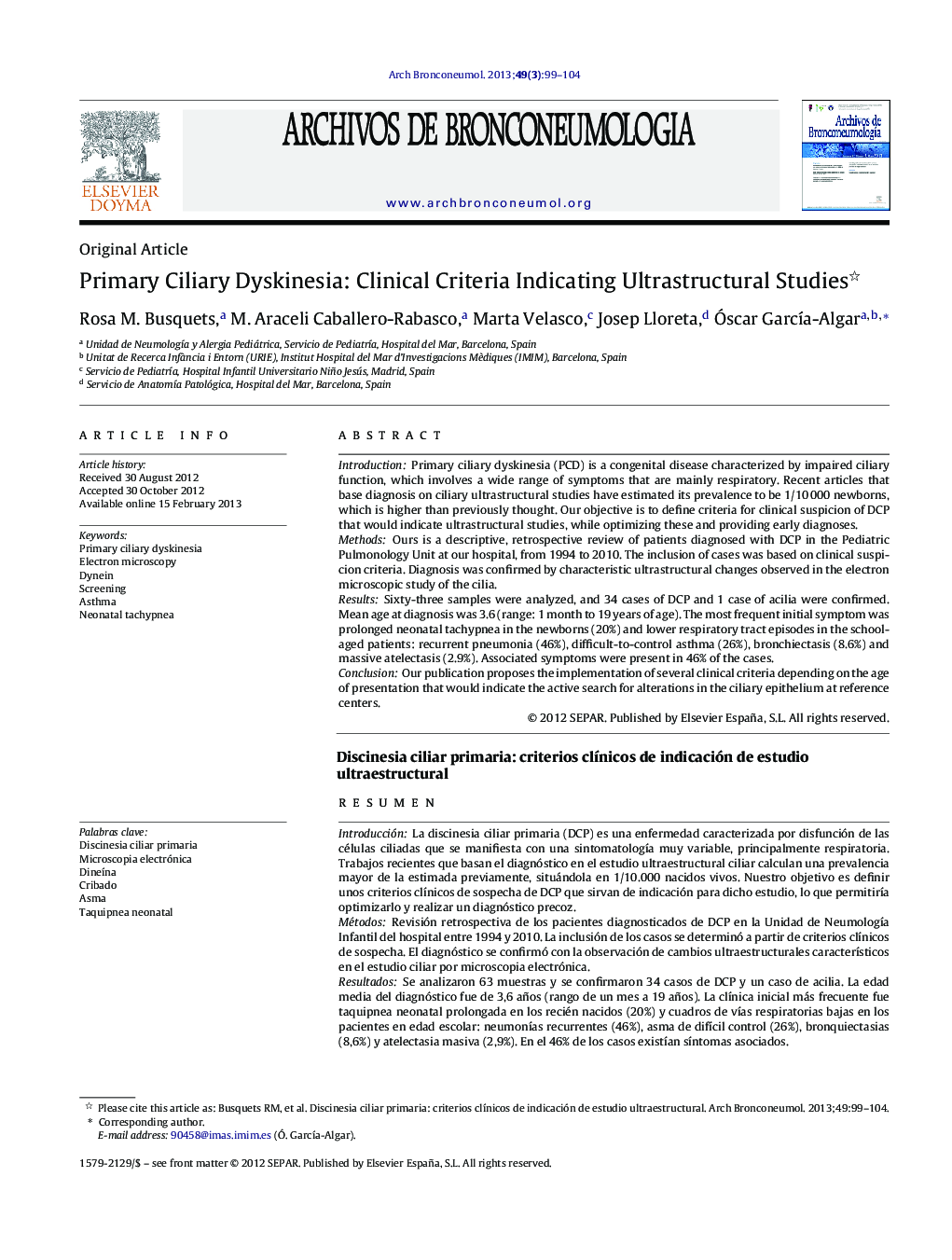 Primary Ciliary Dyskinesia: Clinical Criteria Indicating Ultrastructural Studies 