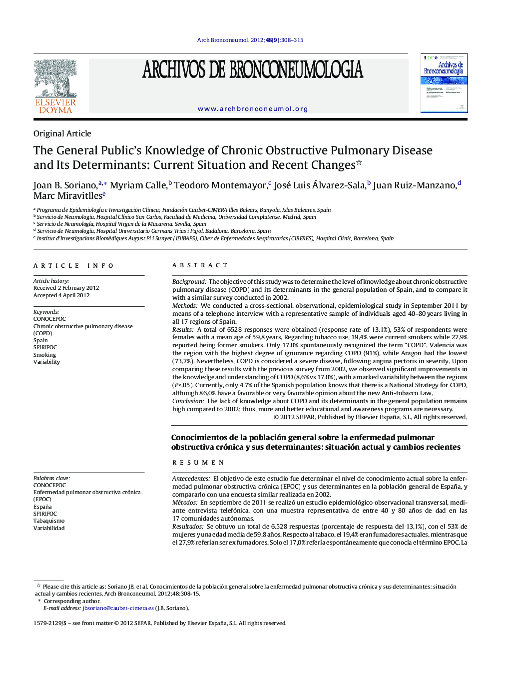 The General Public's Knowledge of Chronic Obstructive Pulmonary Disease and Its Determinants: Current Situation and Recent Changes 