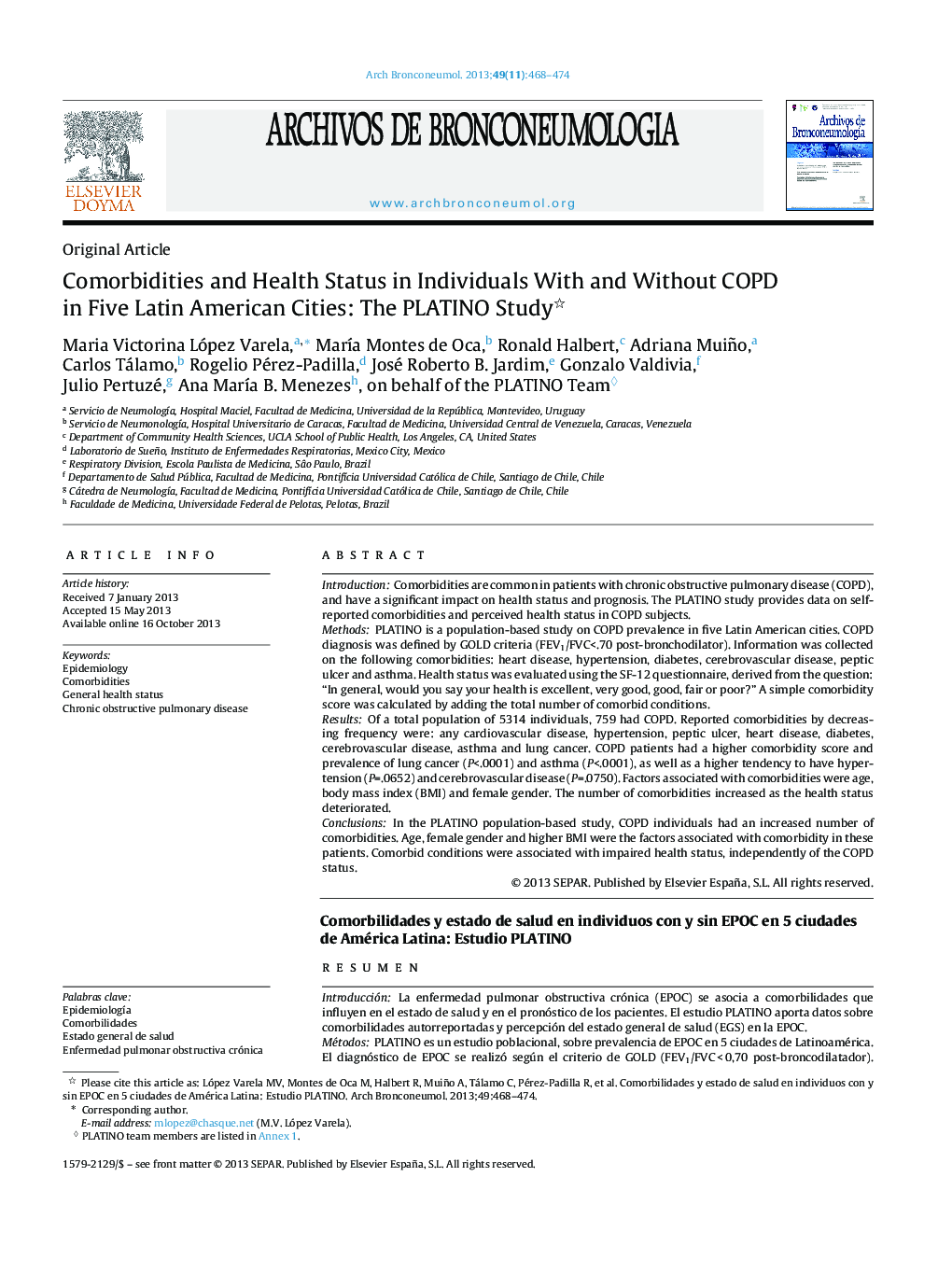 Comorbidities and Health Status in Individuals With and Without COPD in Five Latin American Cities: The PLATINO Study