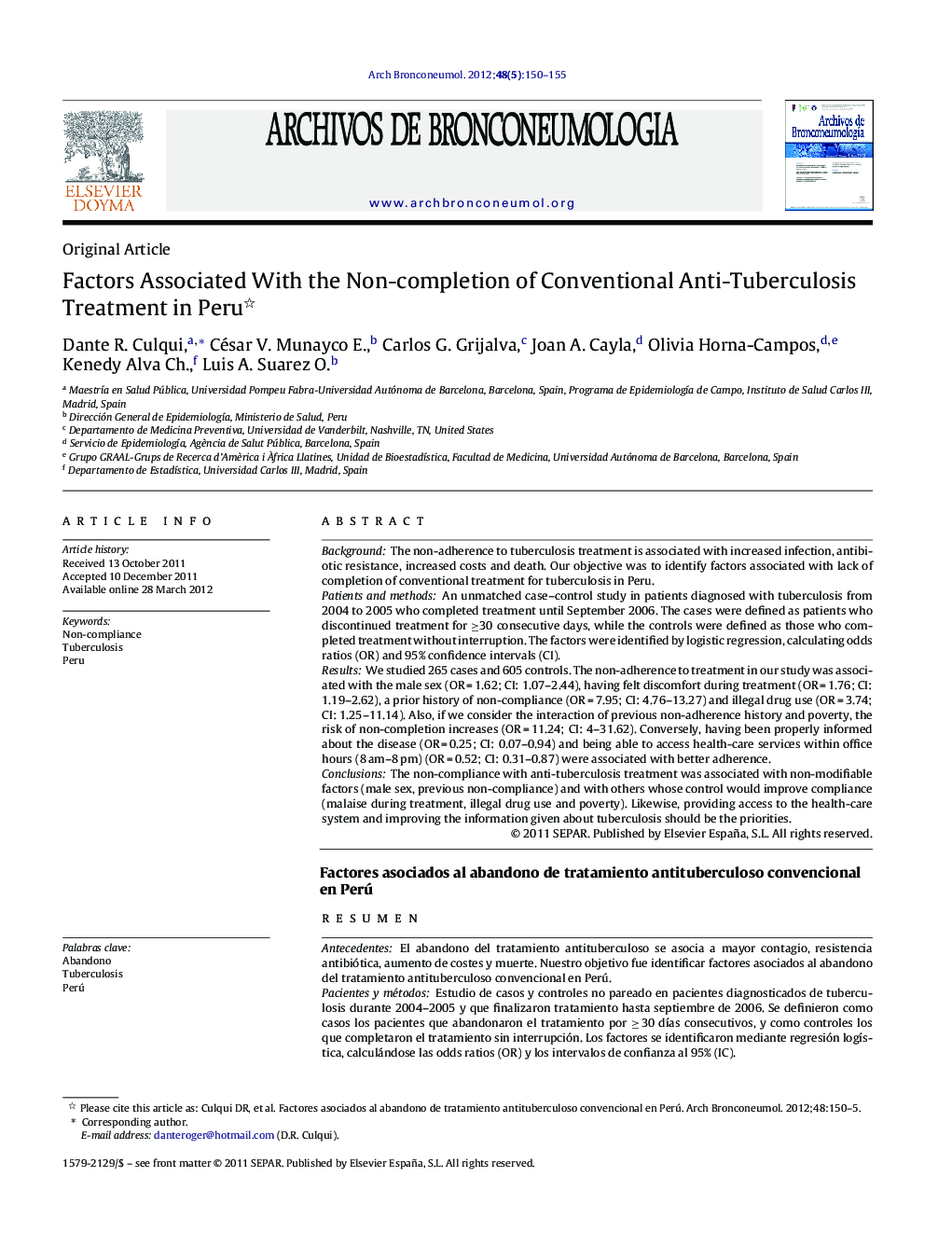 Factors Associated With the Non-completion of Conventional Anti-Tuberculosis Treatment in Peru 