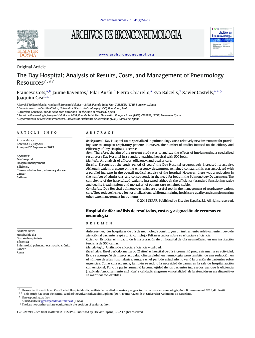 The Day Hospital: Analysis of Results, Costs, and Management of Pneumology Resources 