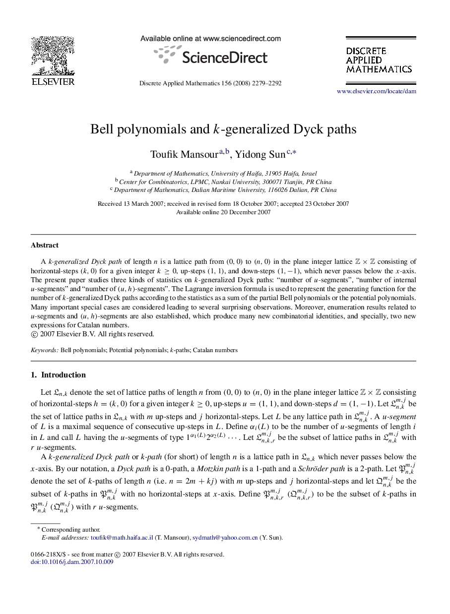 Bell polynomials and kk-generalized Dyck paths