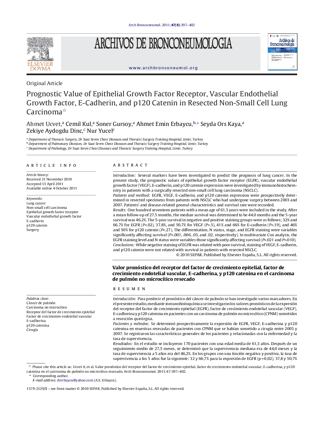 Prognostic Value of Epithelial Growth Factor Receptor, Vascular Endothelial Growth Factor, E-Cadherin, and p120 Catenin in Resected Non-Small Cell Lung Carcinoma