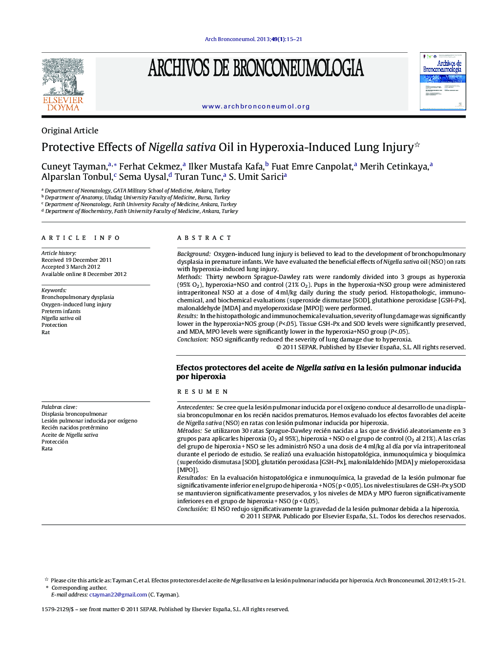 Protective Effects of Nigella sativa Oil in Hyperoxia-Induced Lung Injury 