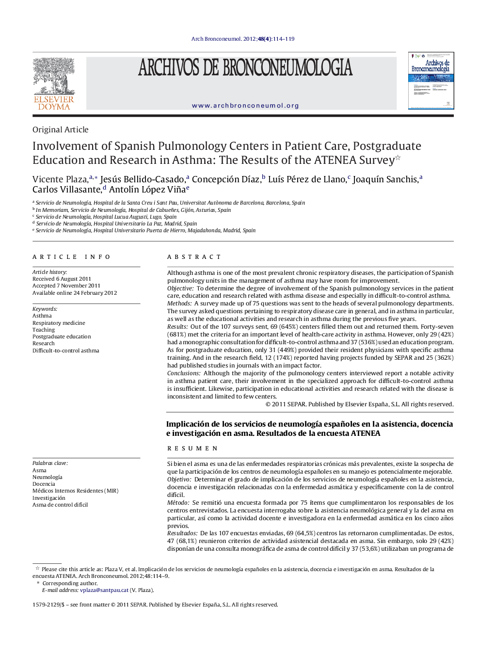 Involvement of Spanish Pulmonology Centers in Patient Care, Postgraduate Education and Research in Asthma: The Results of the ATENEA Survey 