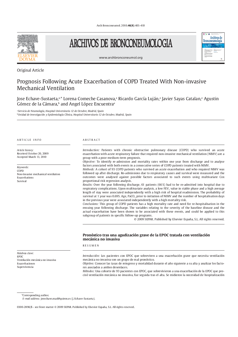 Prognosis Following Acute Exacerbation of COPD Treated With Non-invasive Mechanical Ventilation