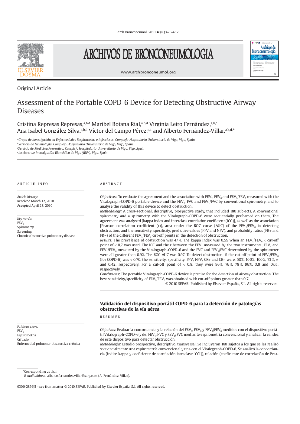 Assessment of the Portable COPD-6 Device for Detecting Obstructive Airway Diseases