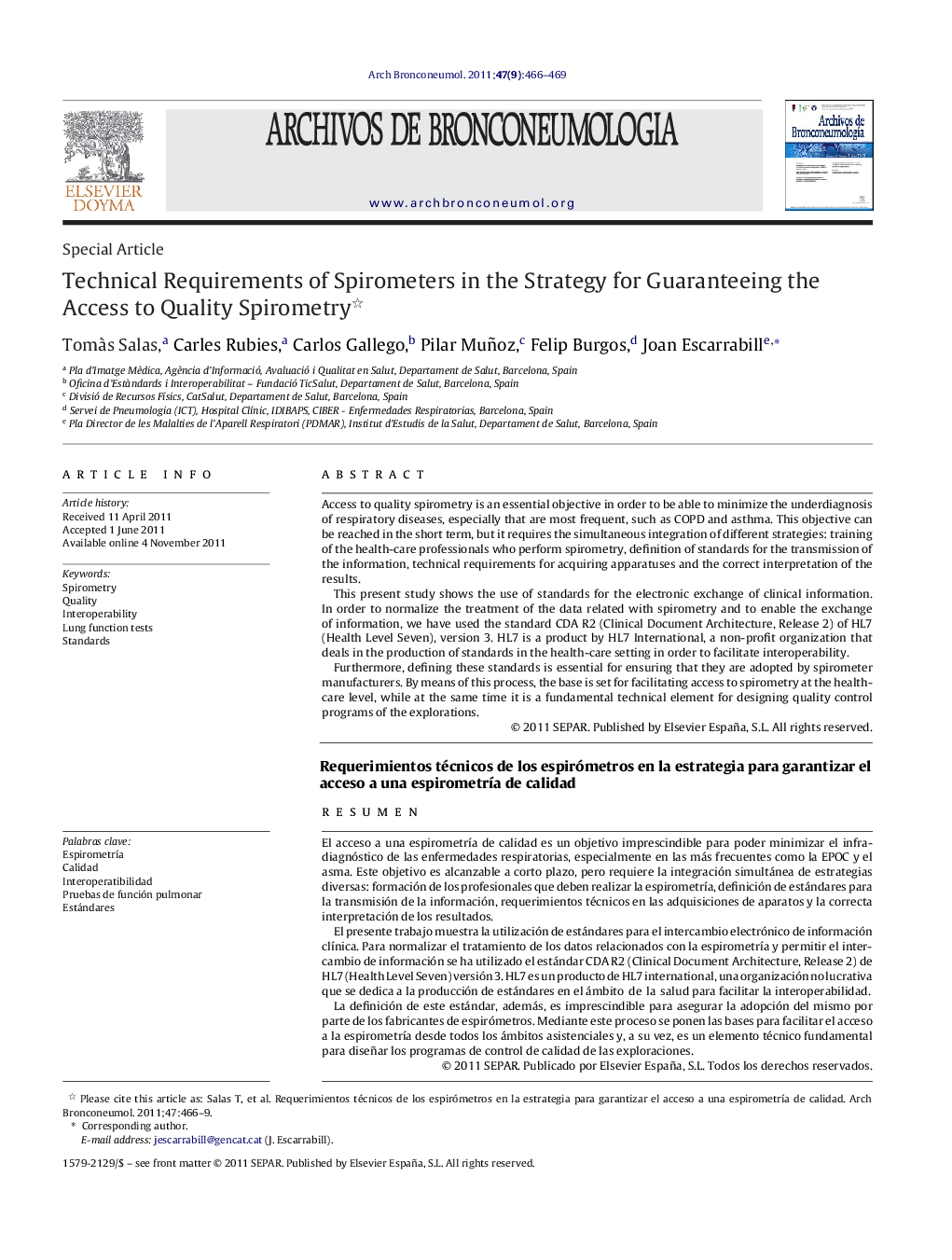 Technical Requirements of Spirometers in the Strategy for Guaranteeing the Access to Quality Spirometry 