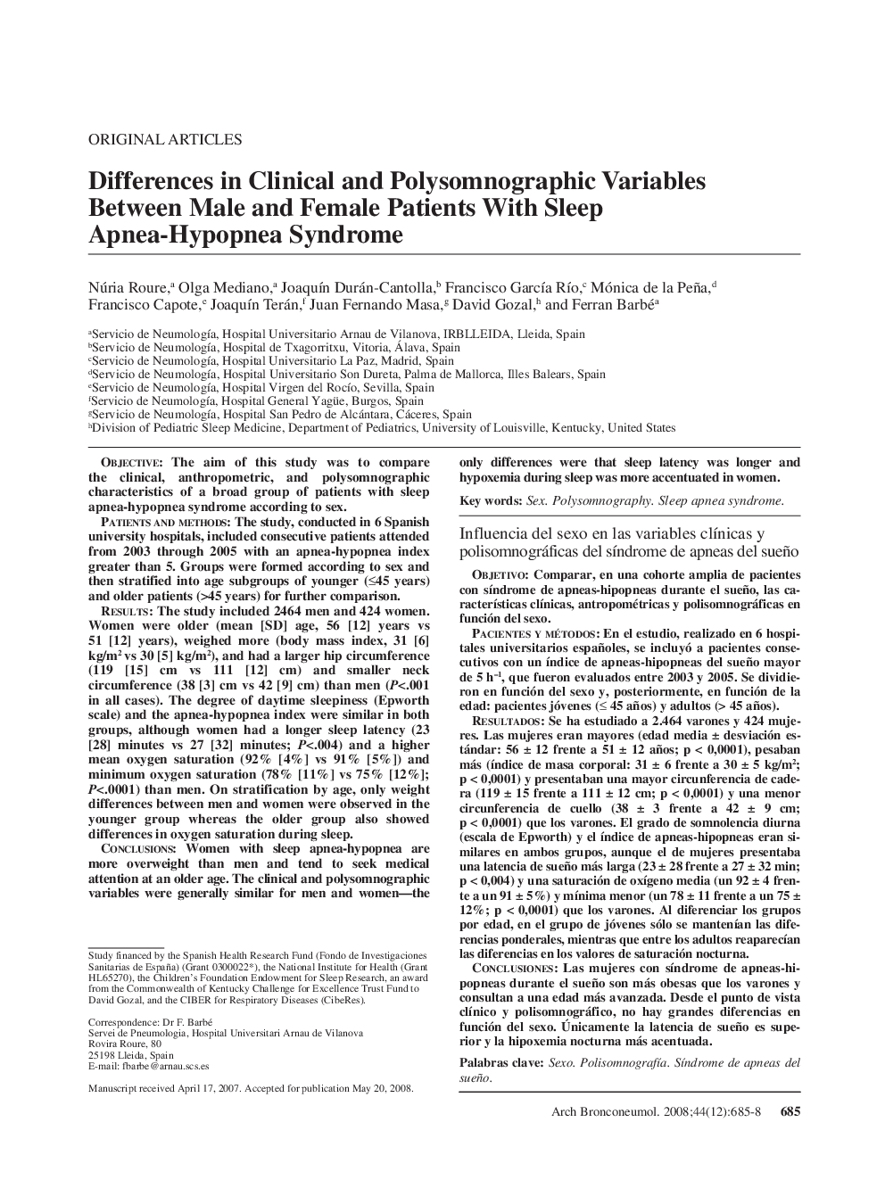 Differences in Clinical and Polysomnographic Variables Between Male and Female Patients With Sleep Apnea-Hypopnea Syndrome 