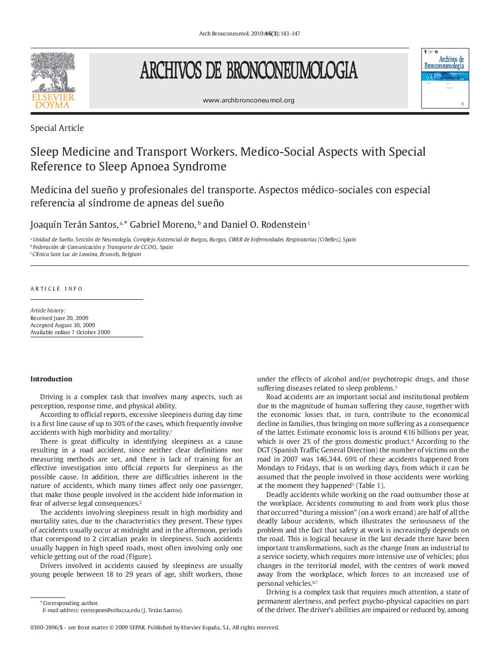 Sleep Medicine and Transport Workers. Medico-Social Aspects with Special Reference to Sleep Apnoea Syndrome