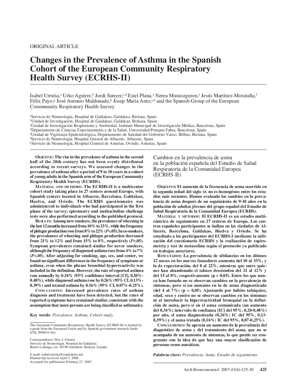 Changes in the Prevalence of Asthma in the Spanish Cohort of the European Community Respiratory Health Survey (ECRHS-II) 