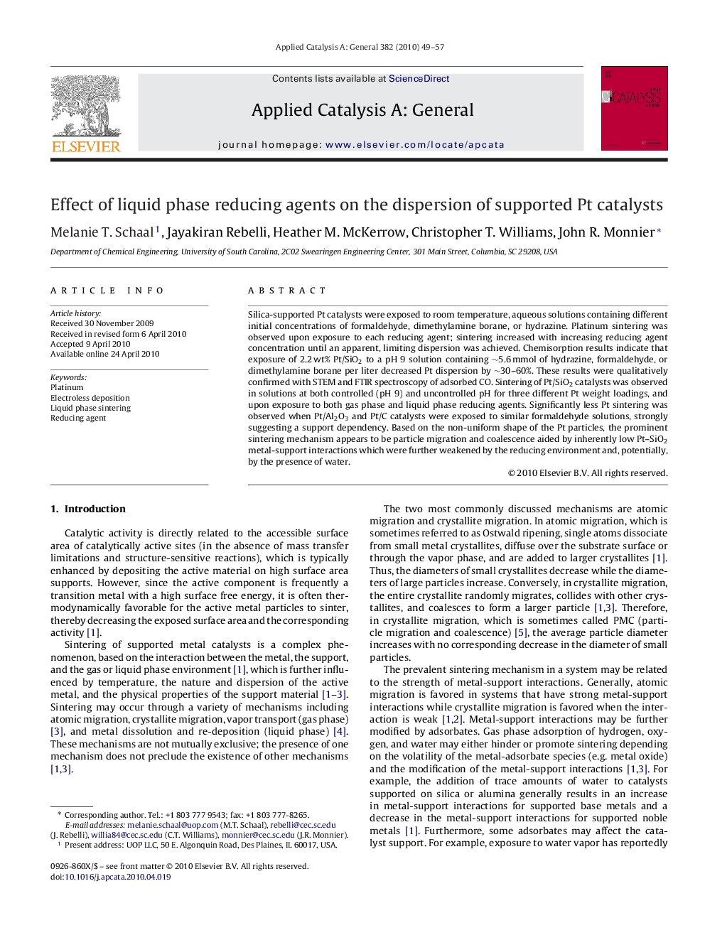 Effect of liquid phase reducing agents on the dispersion of supported Pt catalysts