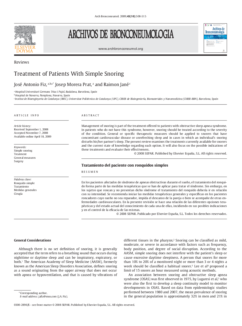 Treatment of Patients With Simple Snoring