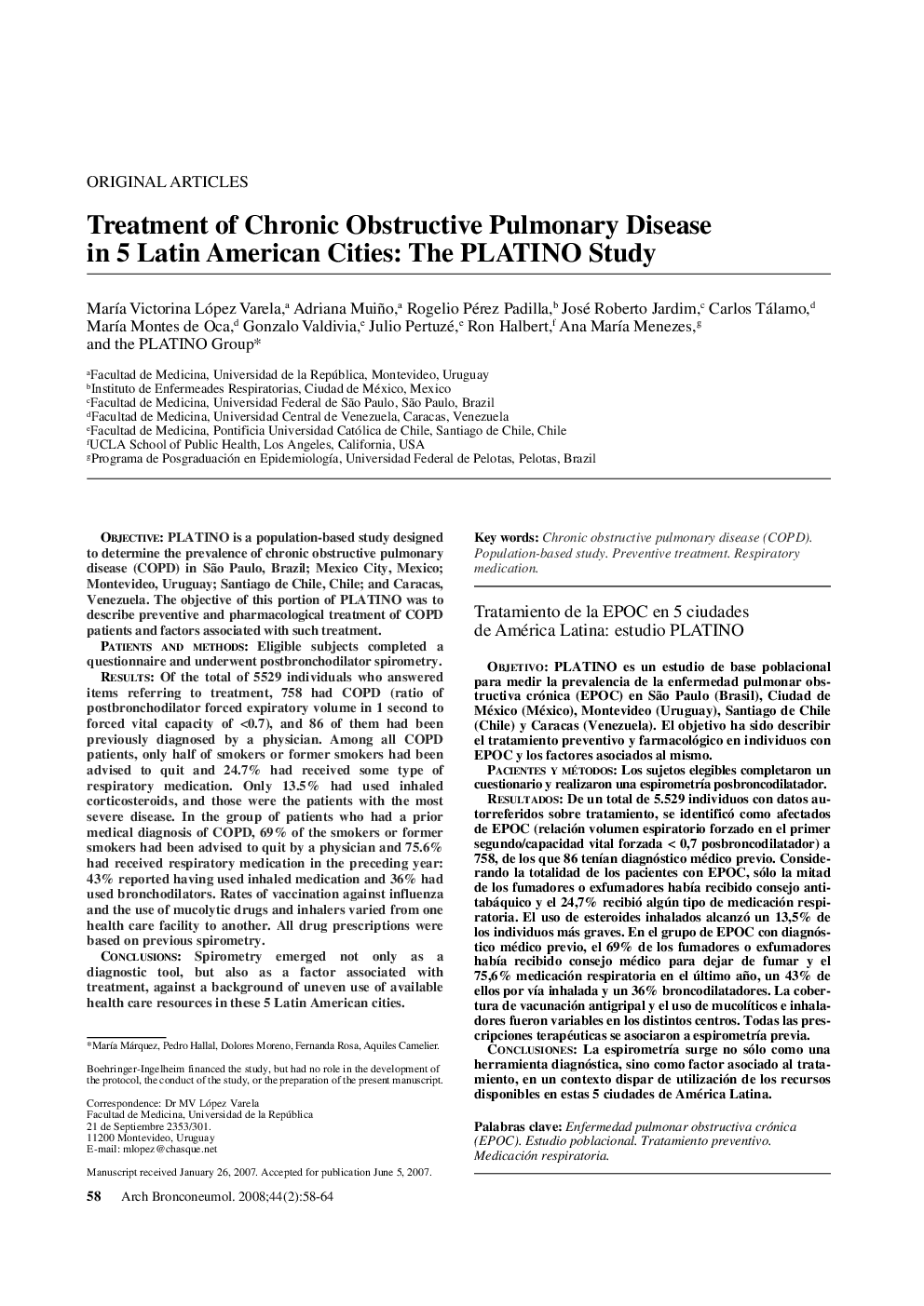 Treatment of Chronic Obstructive Pulmonary Disease in 5 Latin American Cities: The PLATINO Study 