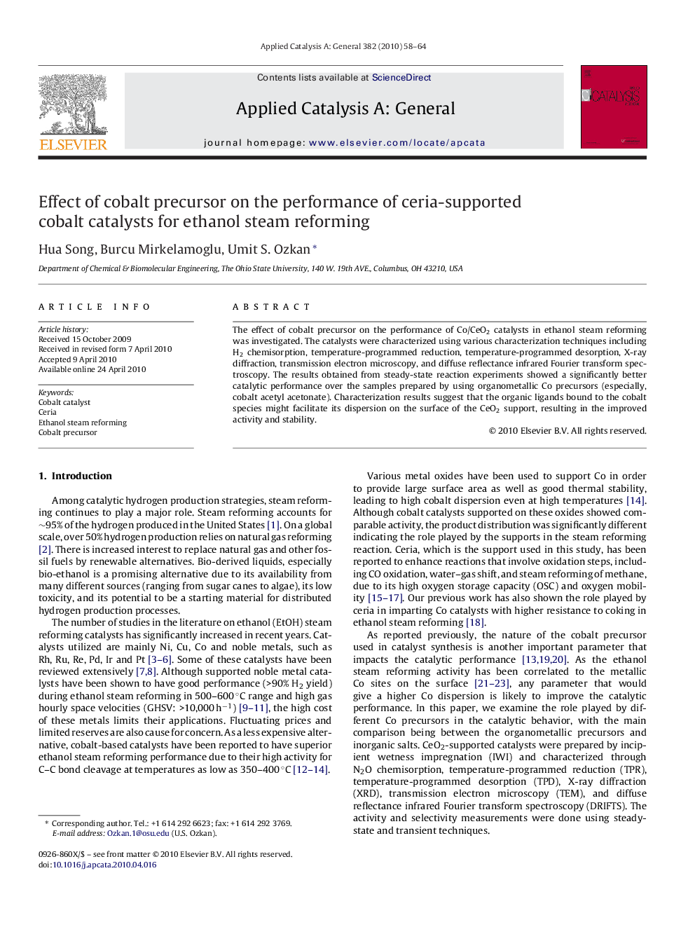 Effect of cobalt precursor on the performance of ceria-supported cobalt catalysts for ethanol steam reforming