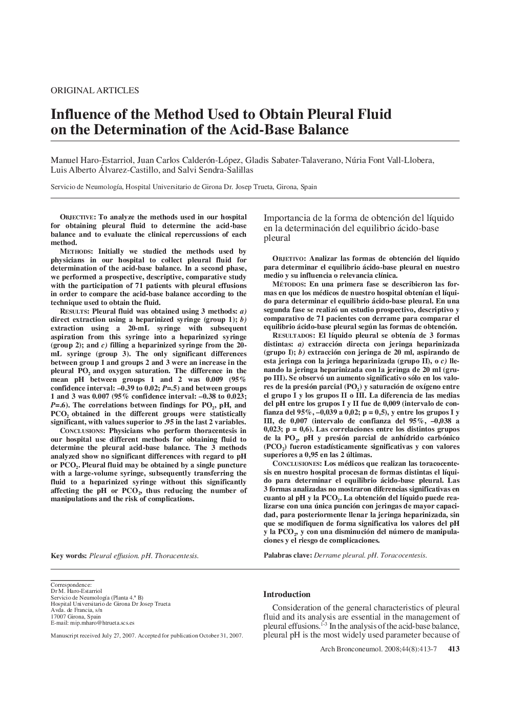 Influence of the Method Used to Obtain Pleural Fluid on the Determination of the Acid-Base Balance